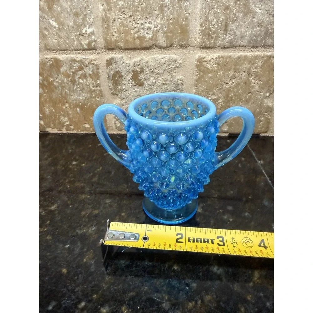 Fenton Blue Opalescent Art Glass‎ Hobnail Sugar Bowl 3.25